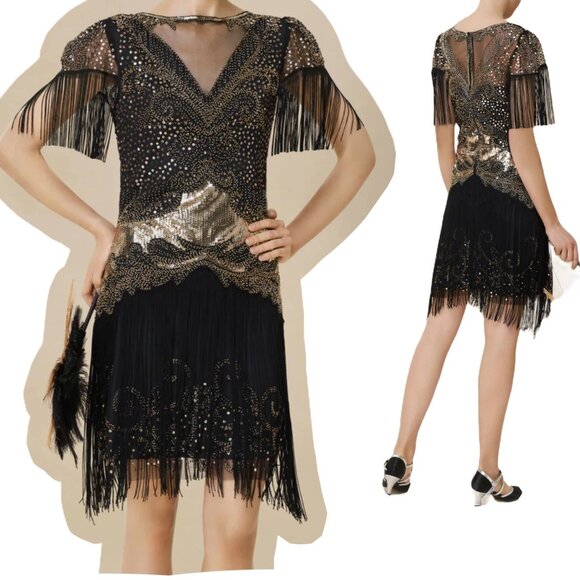 Babeyond 1920 Dress Gold Sequins Black Fringe Dress Flapper Costume Size XL - Picture 1 of 10